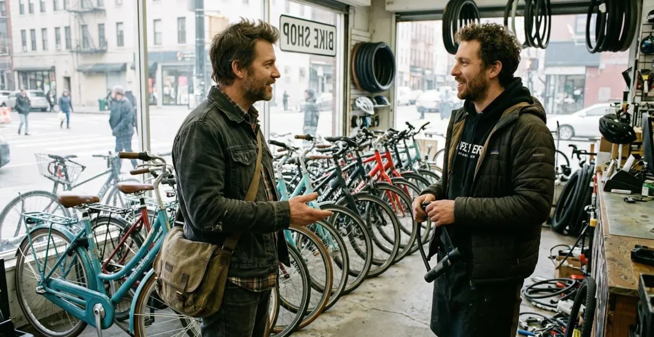 Un conseiller et un client discutent devant une rangée de vélos de ville dans une boutique, vus de profil sans regard caméra