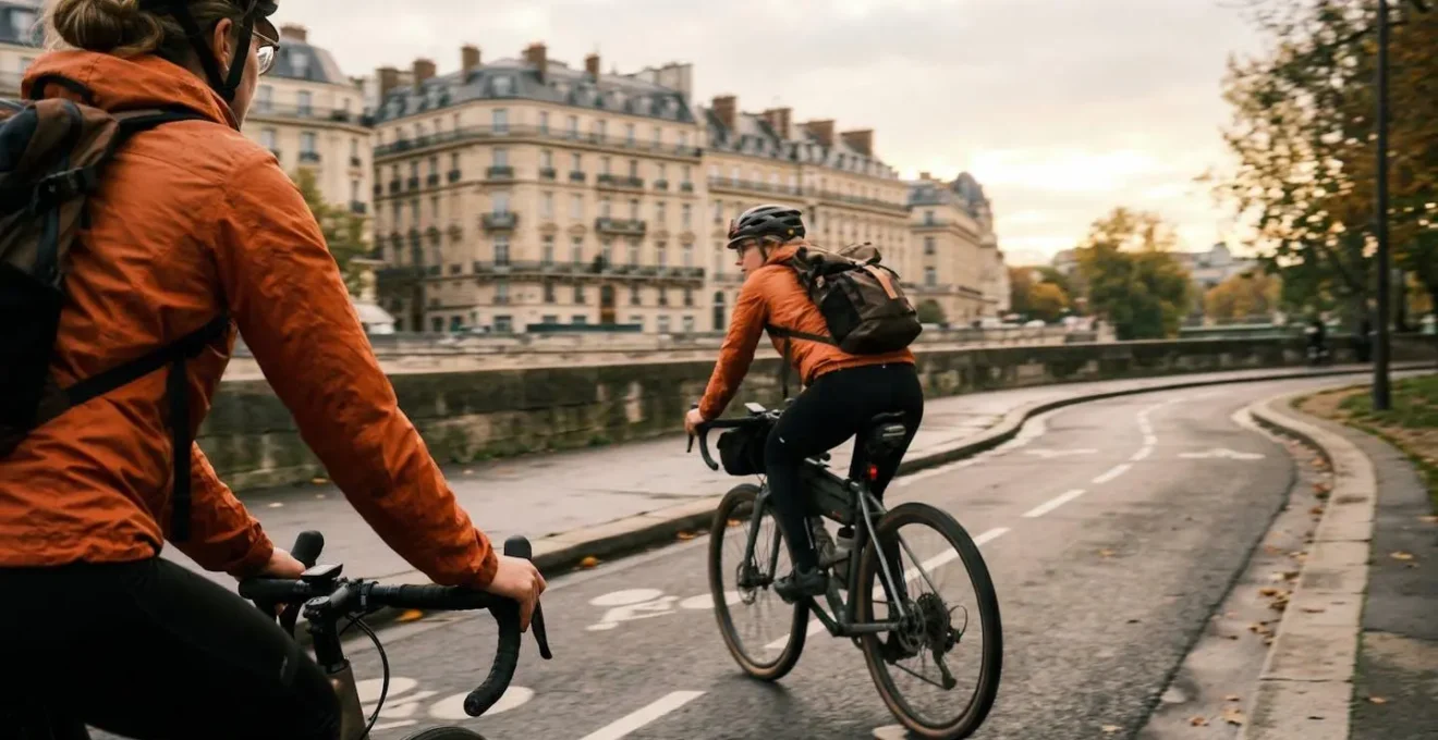 Une cycliste pédale sur une piste cyclable parisienne au petit matin, vue de dos avec des façades d'immeubles en arrière-plan flou