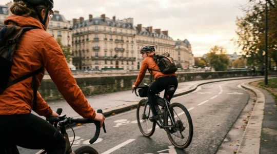 Une cycliste pédale sur une piste cyclable parisienne au petit matin, vue de dos avec des façades d'immeubles en arrière-plan flou