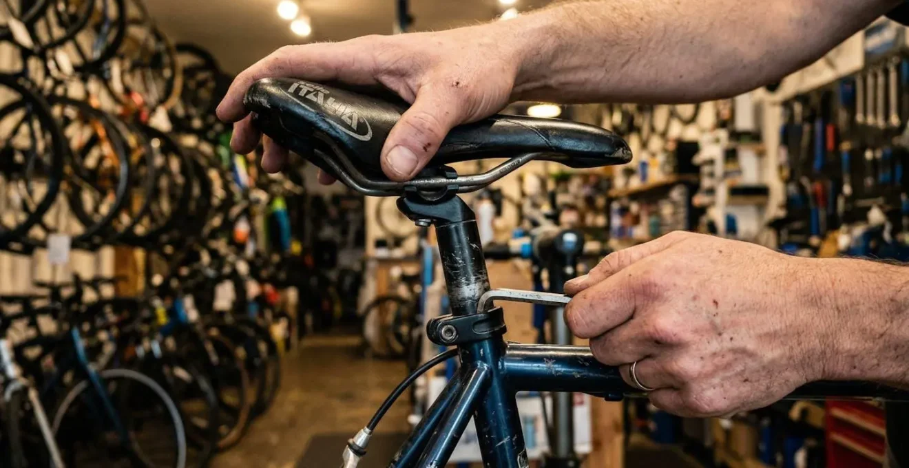 Des mains ajustent la hauteur de selle d'un vélo de ville dans un atelier, avec des vélos flous en arrière-plan