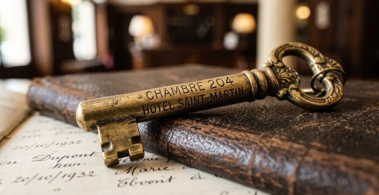 Gros plan détaillé d'une clé d'hôtel ancienne en laiton doré posée sur un registre en cuir patiné avec arrière-plan flouté