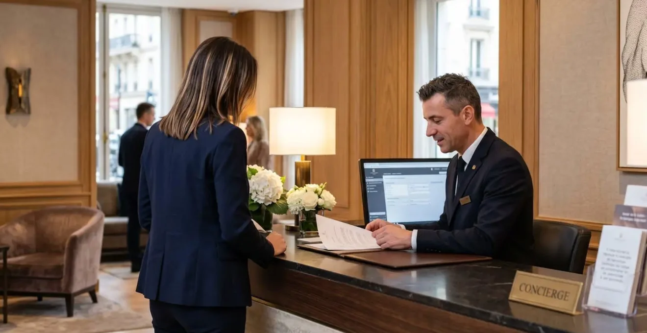 Scène de l'interaction entre un concierge élégant vu de profil et un client vu de dos au comptoir d'accueil d'un hôtel classique parisien sous lumière naturelle