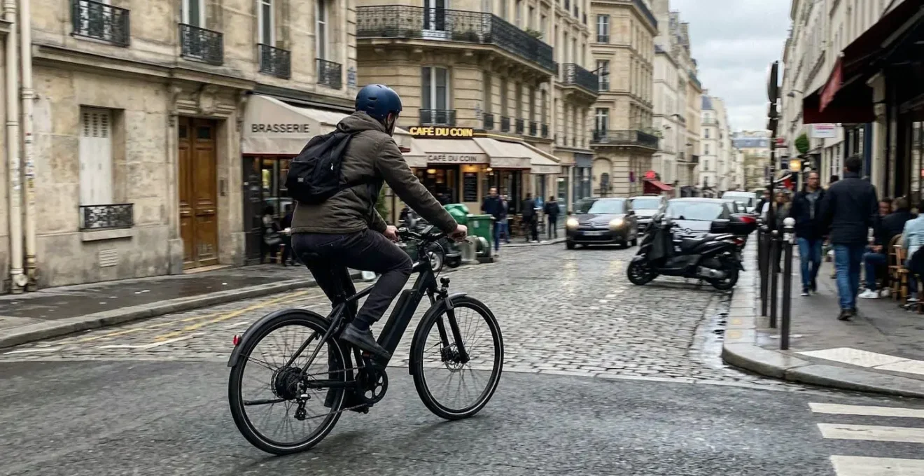 Un cycliste vu de trois-quarts arrière teste un vélo électrique sur une légère pente dans une rue parisienne typique