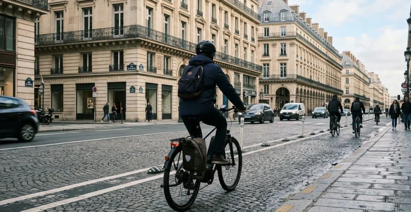 Un cycliste vu de dos pédale sur un vélo électrique dans une rue bordée d'immeubles haussmanniens, lumière matinale parisienne