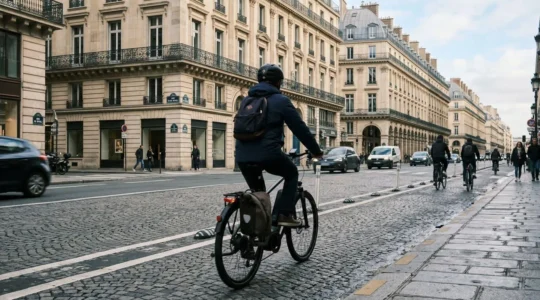 Un cycliste vu de dos pédale sur un vélo électrique dans une rue bordée d'immeubles haussmanniens, lumière matinale parisienne