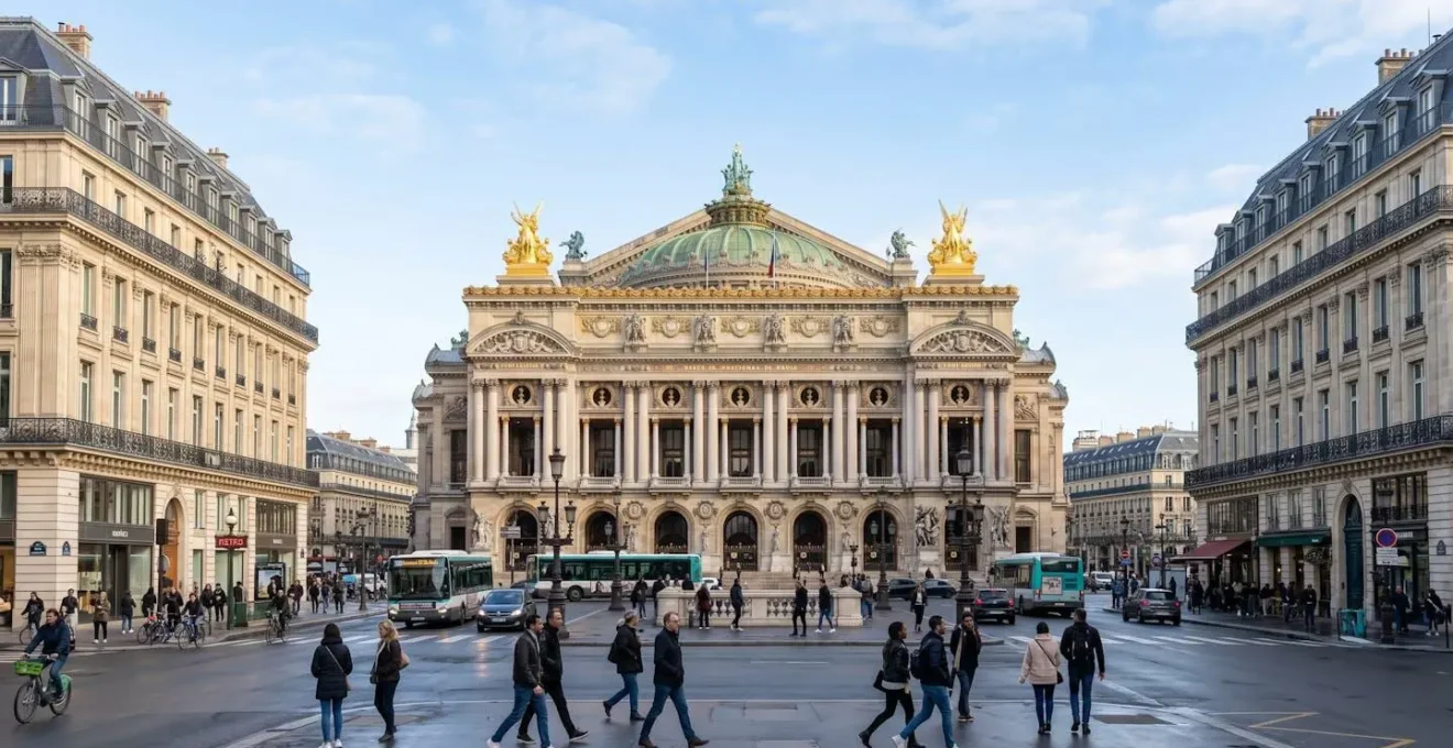 Vue de la façade majestueuse de l'Opéra Garnier depuis une rue adjacente du 8e arrondissement, entourée d'immeubles haussmanniens sous la lumière matinale