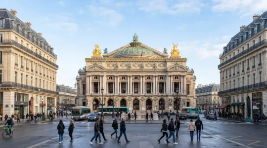 Vue de la façade majestueuse de l'Opéra Garnier depuis une rue adjacente du 8e arrondissement, entourée d'immeubles haussmanniens sous la lumière matinale