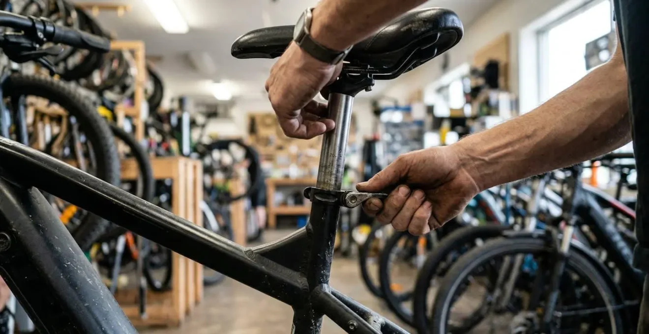 Des mains ajustent la hauteur de selle d'un vélo électrique dans un environnement de boutique avec un comptoir flouté en arrière-plan