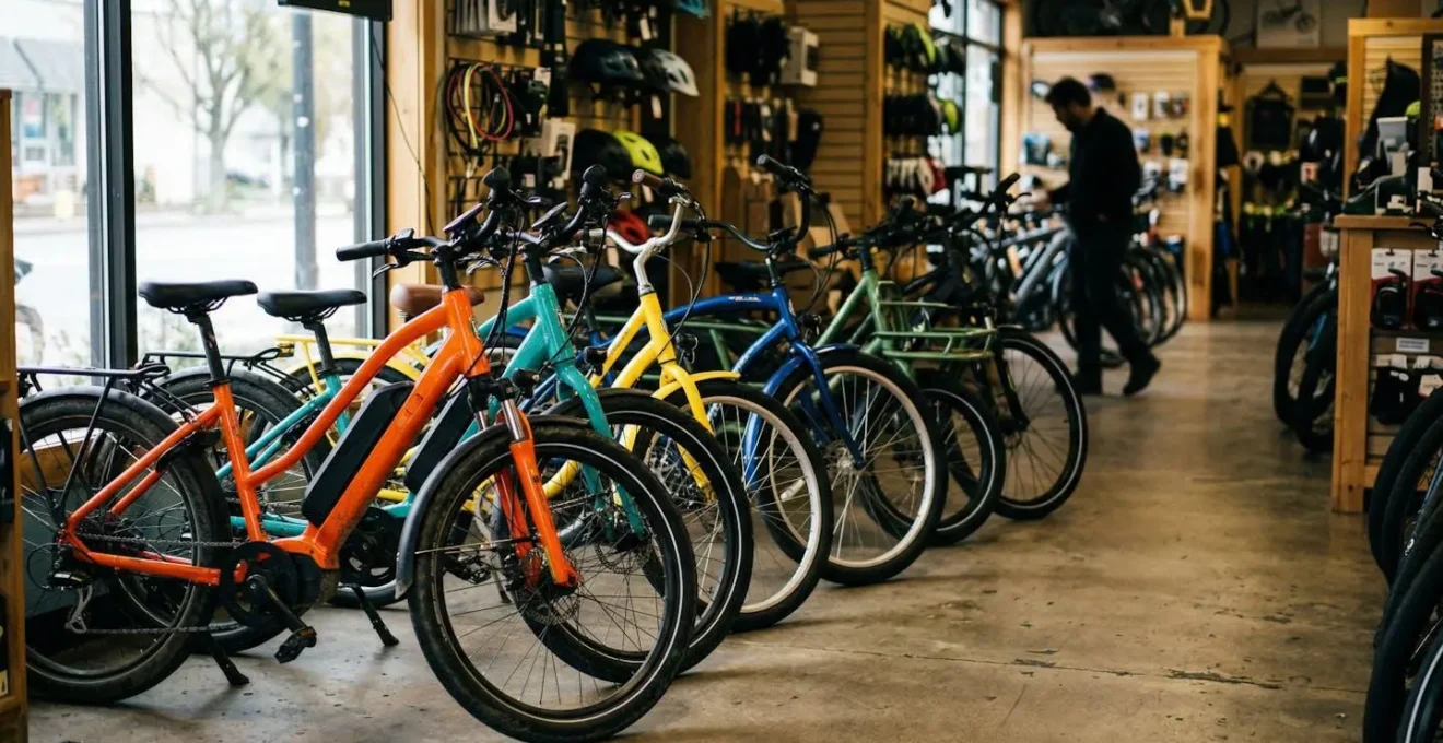 Une rangée de vélos électriques de différentes couleurs alignés dans un espace de vente lumineux, avec une silhouette floue consultant un modèle