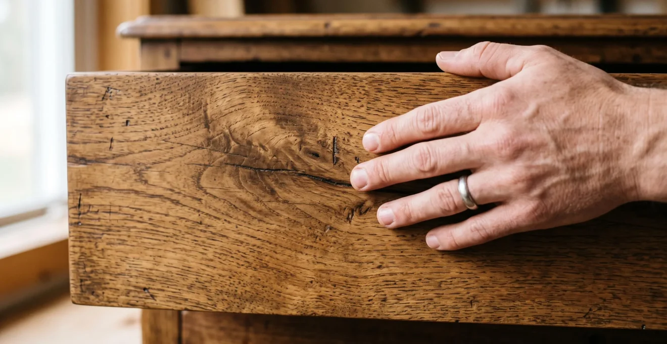 Close-up of a hand inspecting the natural wood grain and surface of a solid wood furniture piece.