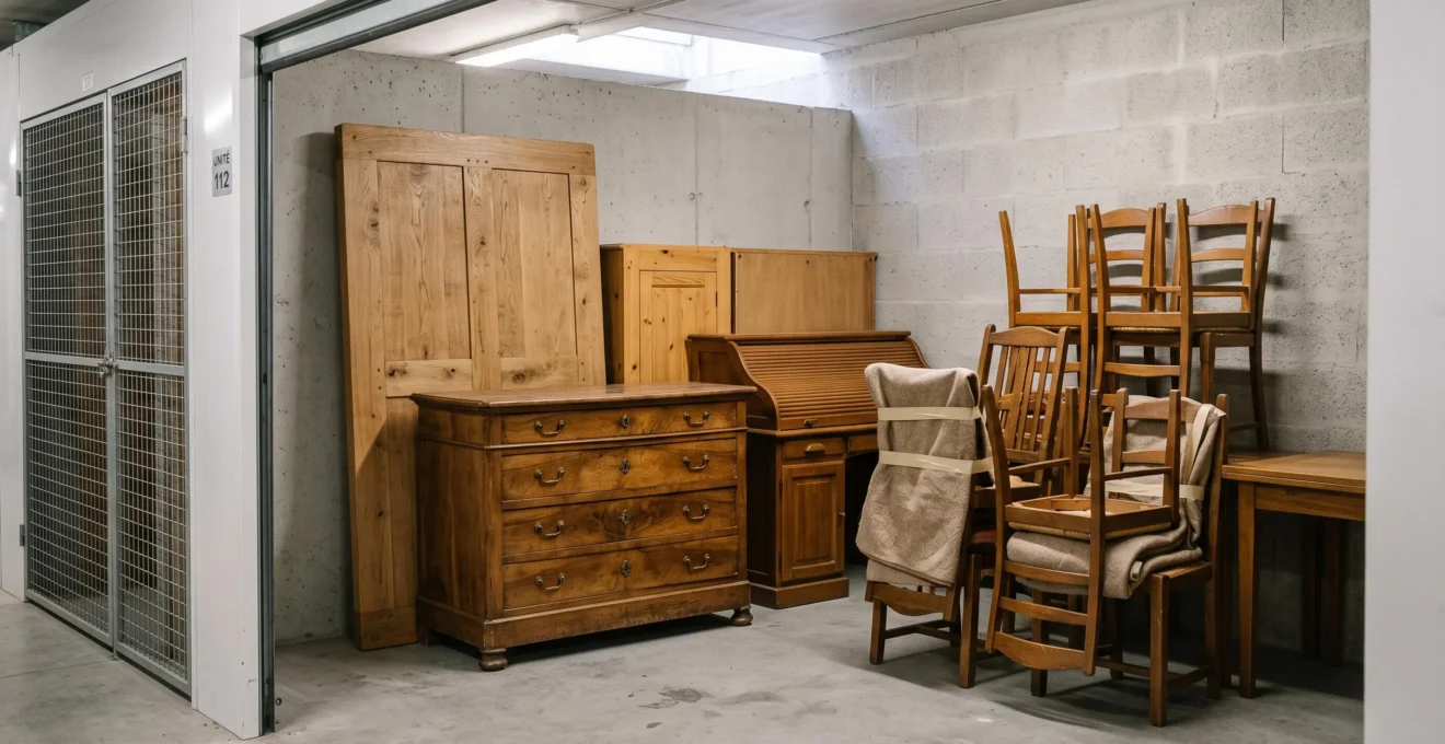 Wooden furniture including a dining table, dresser and chairs carefully stored inside a self-storage unit in France.