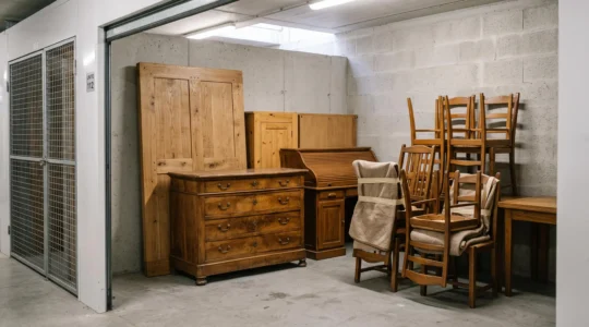 Wooden furniture including a dining table, dresser and chairs carefully stored inside a self-storage unit in France.