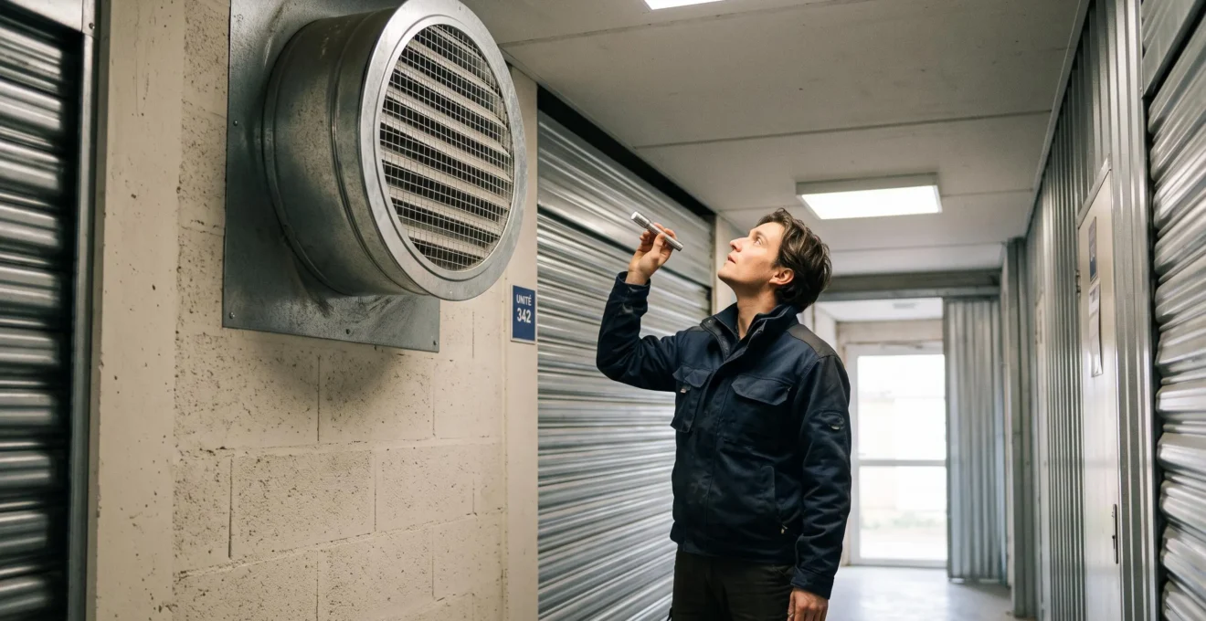 Person inspecting the ventilation system of a storage unit, examining an air vent installed in the upper wall.